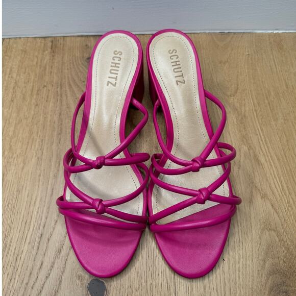NEW Schutz Princey Strappy Slide Sandals Hot Pink Leather Block Heel, Size 8.5 - Picture 3 of 11